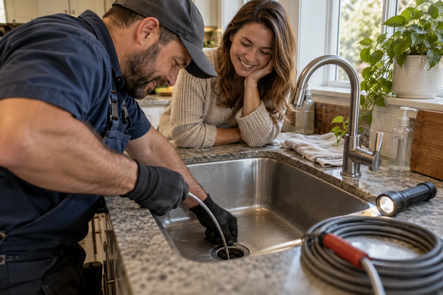 A provider checking a kitchen drain for early signs of a clog